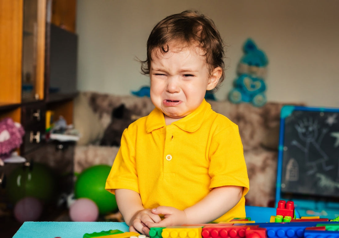 enfant qui pleure devant ses jeux de construction